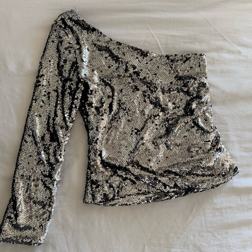 Silver Sequin One-Shoulder Top